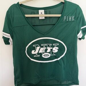 PINK Victoria's Secret Green & White New York Jets Mesh V-Neck Tee